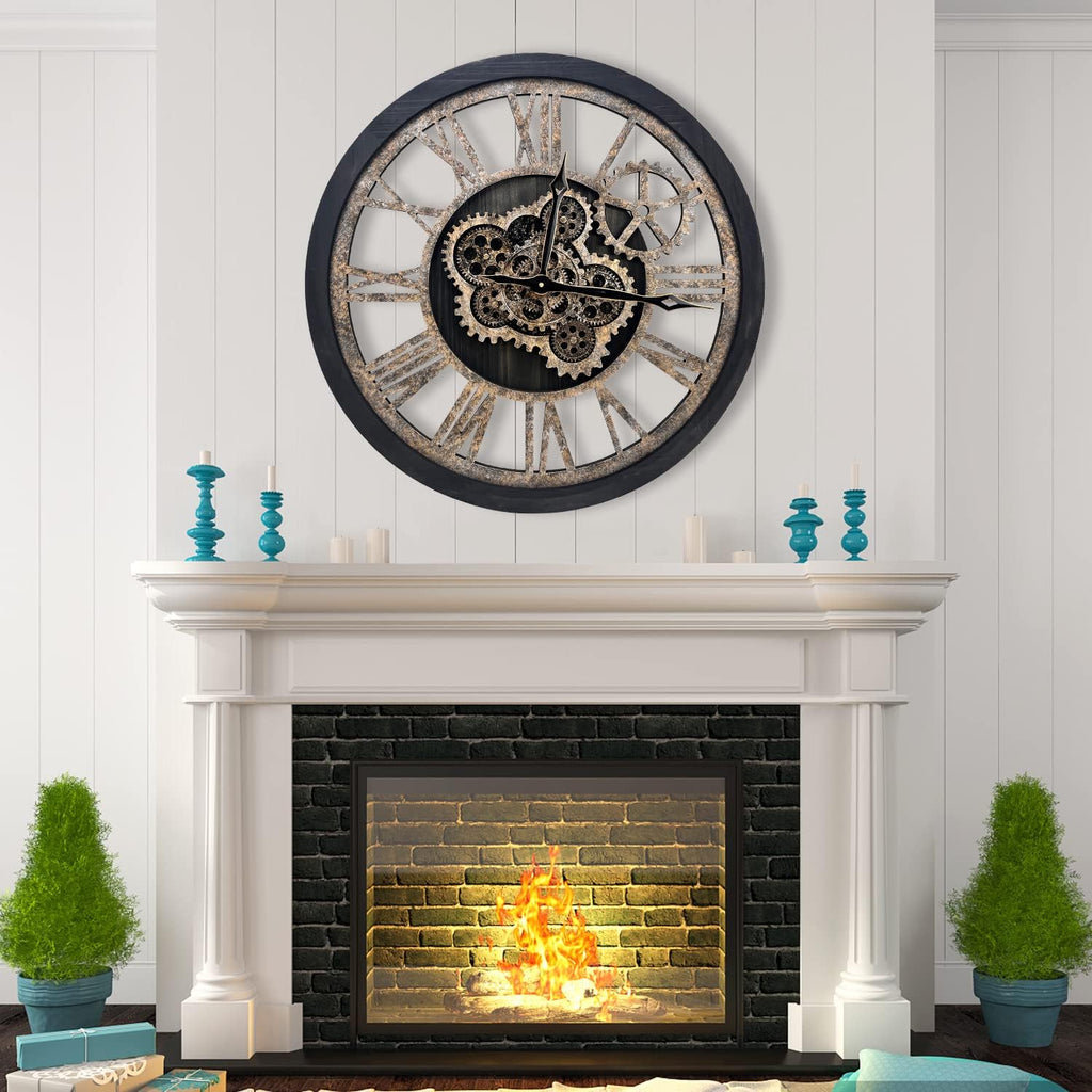 The B-Style Large Wall Clock 18 inch Moving Gear Wall Clock Oversized Vintage Farmhouse Wall Clocks for Living Room Decor Rustic Industrial Wood Clock (Black)
