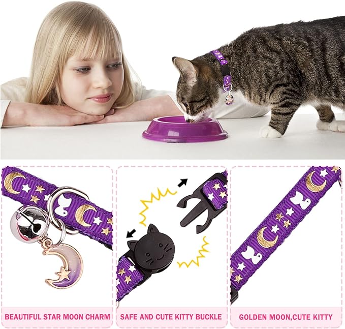 4 PCS Cat Collars with Bell Breakaway Gold Moons and Stars Adjustable Safety Kitten Collars with Charm Glow in The Dark