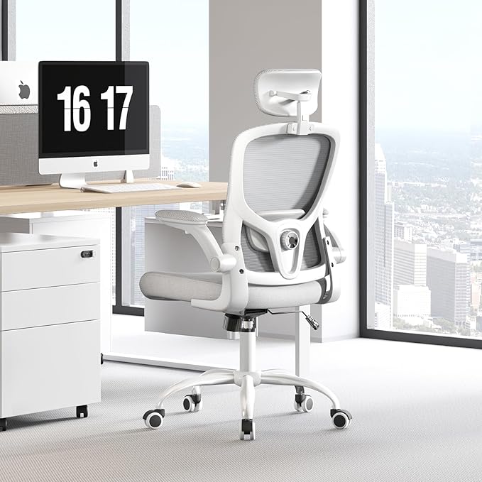 Ergonomic Chair for Office- Study Chair,300lb Gaming Chair, Mesh Comfortable High Back Chair, Headrest, Lumbar Support, Armrest, Comfy Seat for Man Woman(White-Grey6076)