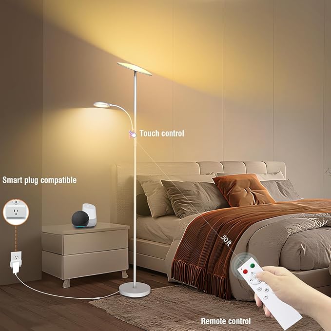 White Floor Lamps for Living Room, 44W/4500LM Super Bright 2 in 1 LED Floor Lamp with Remote, Stepless Dimmable, 69" Tall Standing Floor Lamp with Bendable Reading Light for Bedroom Office