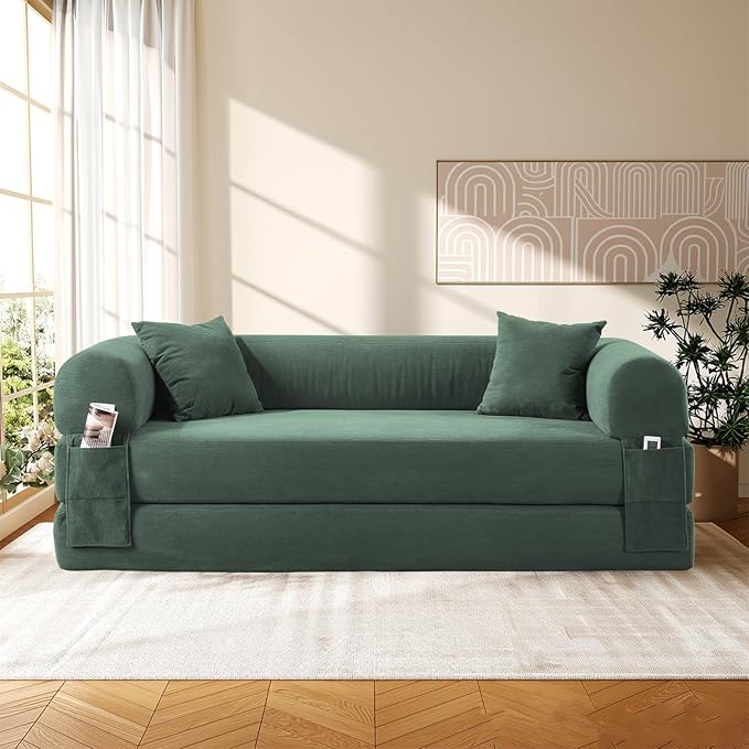Convertible Futon Sofa Bed,80" Folding Pull Out Couch with Pillows & Storage Pocket, Oversized Queen Sleeper Sofa in a Box,Corduroy Boneless Couch for Living Room,Light Green
