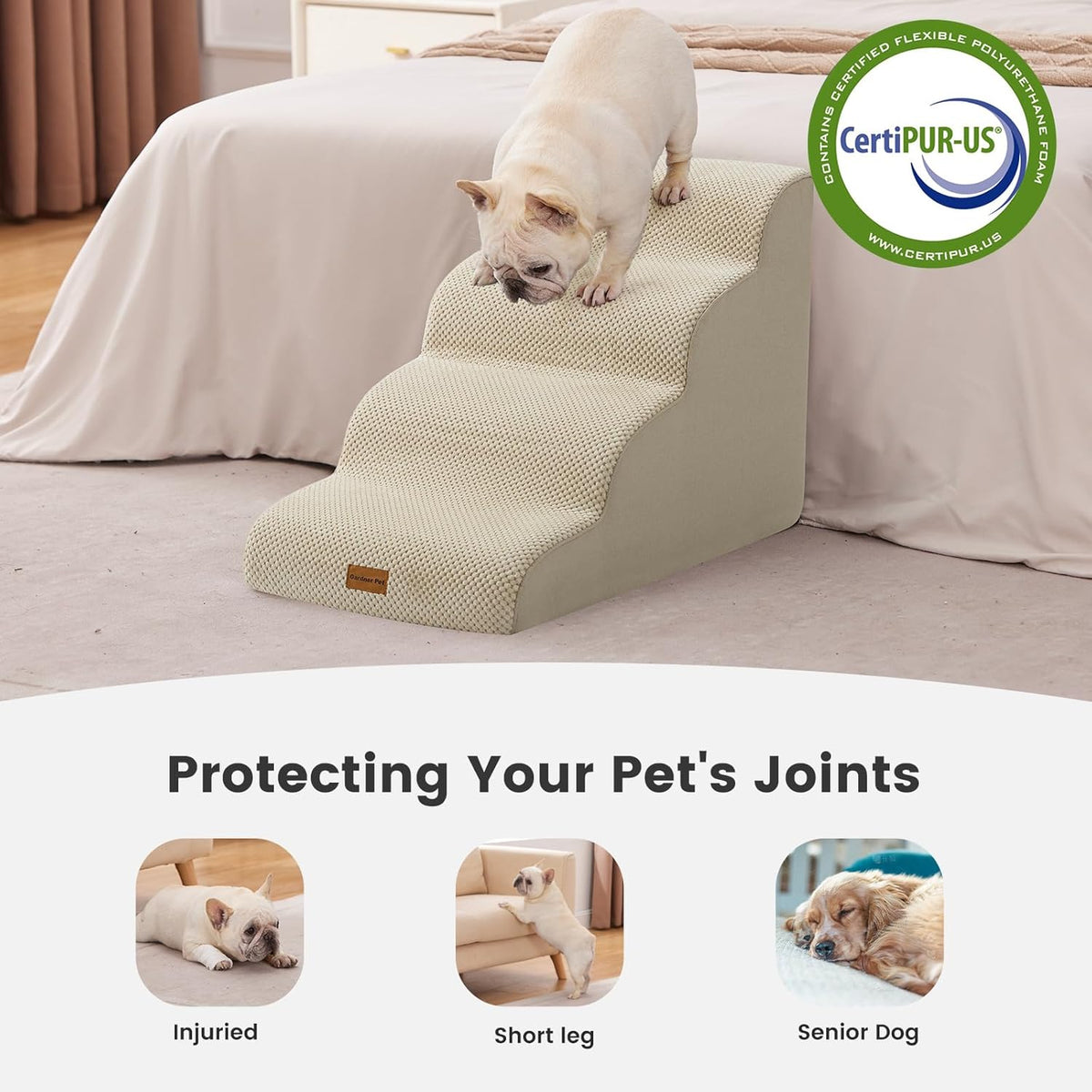 Gardner Pet Dog Stairs for Small Dogs 19.7" H, 4-Step Beige Curved Pet Stairs, Dog Steps for High Bed (18-24 in), Couch with Durable Non-Slip Waterproof Fabric Cover and CertiPUR-US Certified Foam