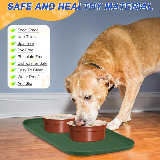SMILOOL Waterproof Silicone Pet Food Mat with Raised Edge for Dog & Cat | 19" x 12" Non-Slip Pet Feeding Mats with Lip for Food & Water Bowl, Food Grade, Easy Cleaning, Dark Olive