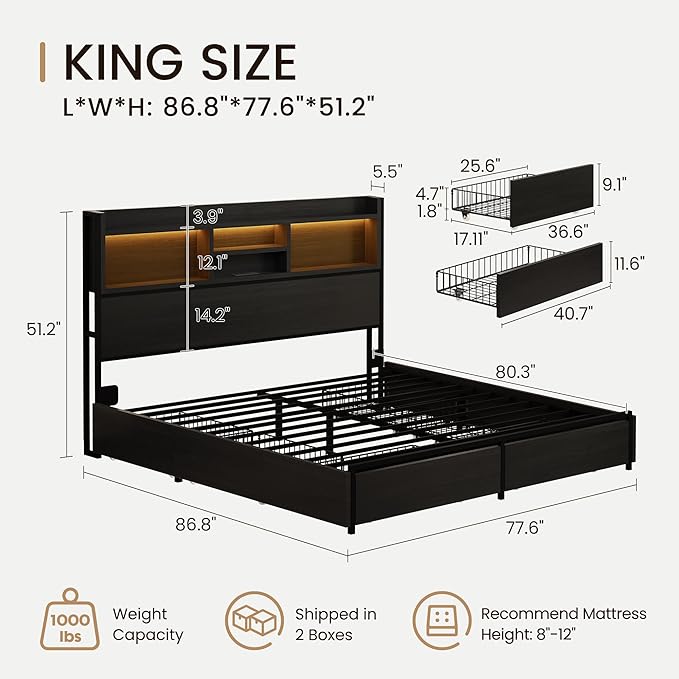 King Storage Bed Frame with 6 Drawers, USB Charging Station, No Noise, No Box Spring Required, Vintage Black Headboard Platform Bed