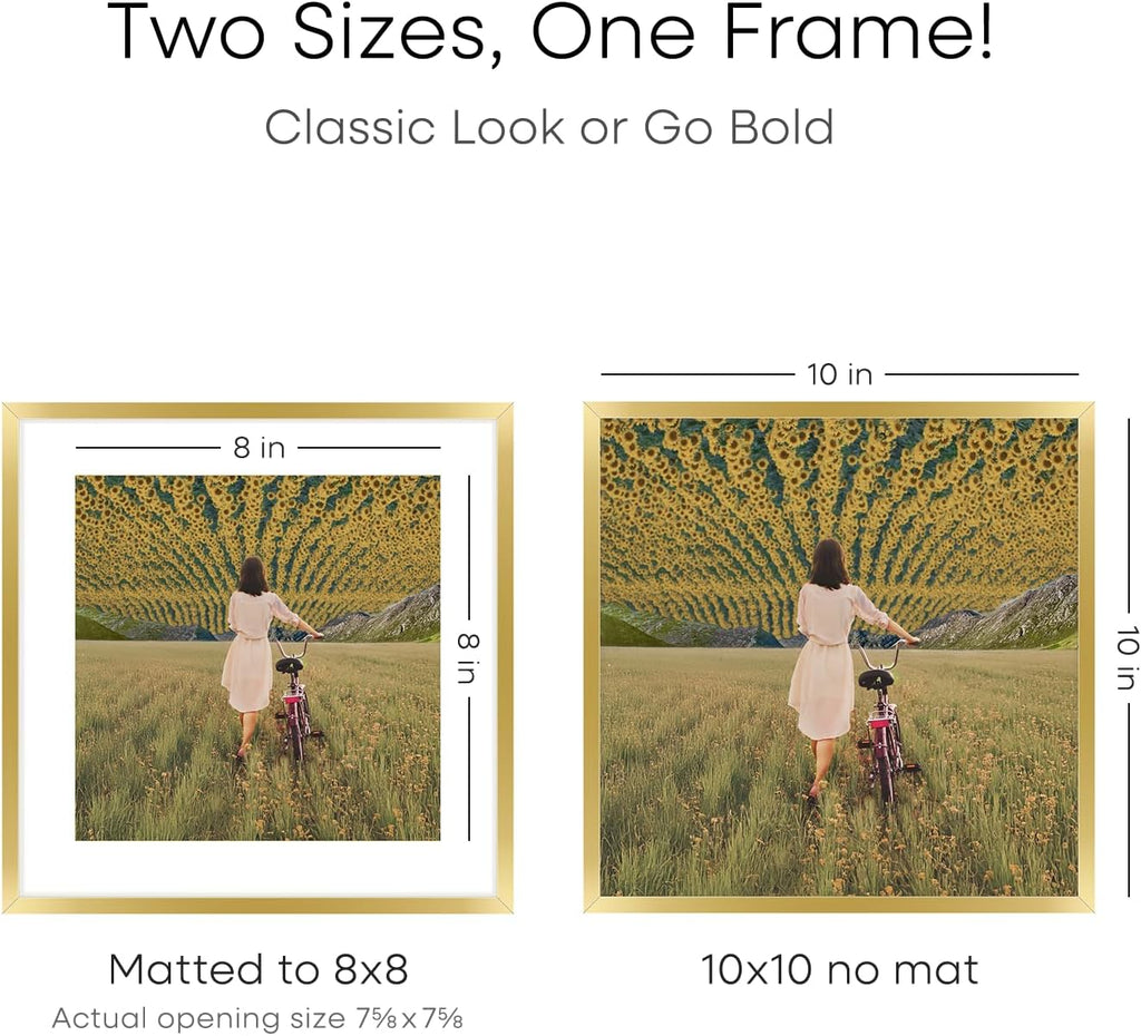 Homeforia Square 10x10 Gold Frame, High End Metal 10 by 10 Picture Frames with Mat 8 x 8, 10by10 Thin Poster Frame Matted to 8x8 inch Photo, Wall or Tabletop Frames, Tempered Glass, Wall Kit, Set of 1