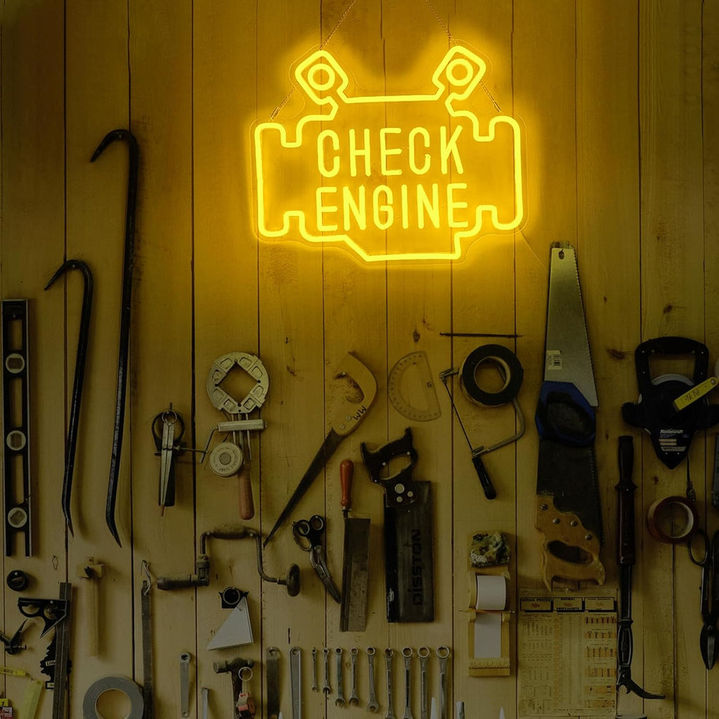 Check Engine Neon Signs for wall decor, Garage Neon Sign for Man Cave, Piston Engine Led Light Signs with Dimmer, Piston Decoration USB Powered with Switch