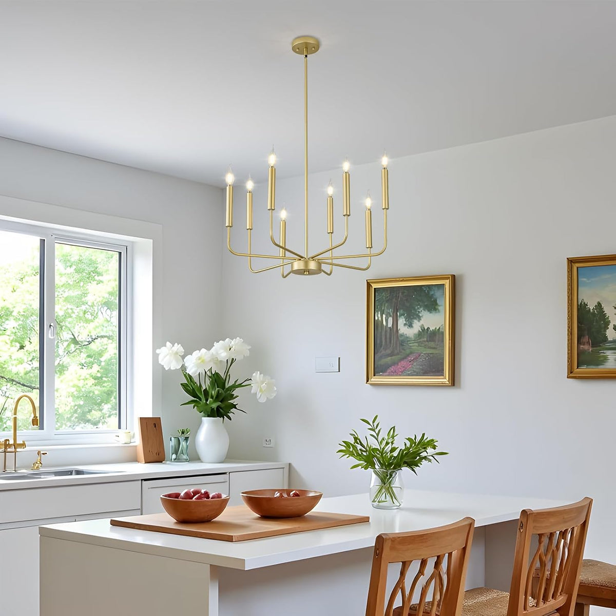 Modern Gold Farmhouse Chandeliers, 8-Light Industrial Metal Chandelier Lighting, Classic Candle Hanging Pendant Light Fixtures for Kitchen Bedroom, Dining Room, Living Room,Foyer