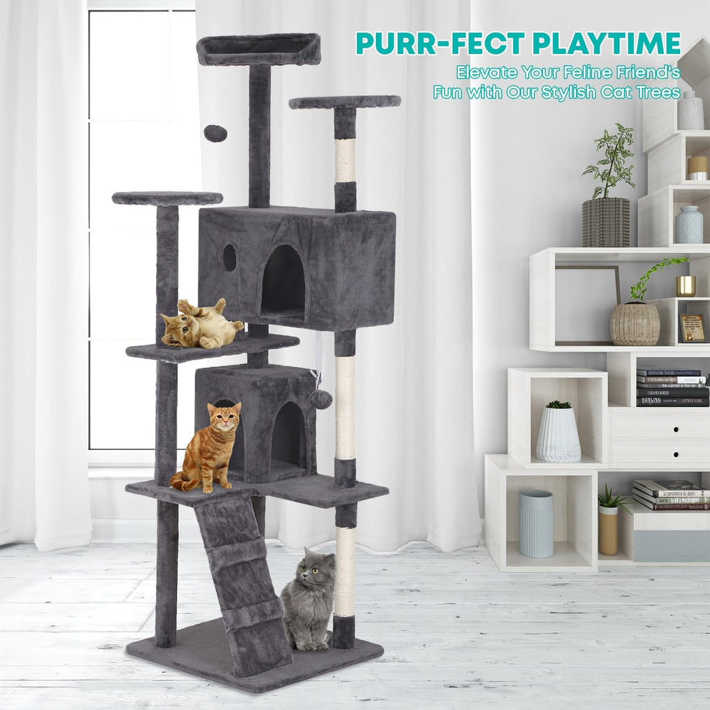 FDW Cat Tree 70in Cat Tower Multi-Level Durable Cat Scratching Post & Cozy Fun Cat Jumping Platform Space Saving Cat Condo Pet Play House for Indoor Cats,Light Gray