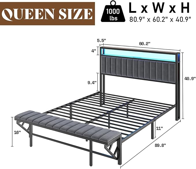 Queen Bed Frame with LED Light and Charging Station, Velvet Upholstered Headboard with Storage Shelf, Heavy Duty Metal Slats/No Box Spring Needed/Easy Assembly, Grey