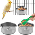 2Pcs Stainless Steel Bird Feeding Bowls with Feeding Spoon,Parrot Food Bowl Cage with Clamp Holder,Birdcage Coop Water Feeder for Cockatiel Parakeet Macaw Finches Small Animals