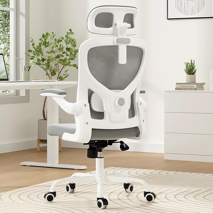 Soohow Office Chair, Ergonomic Office Mesh Desk Chair with Adjustable Back Support, High Back Comfy Computer Swivel Chair with Headrest, Lumbar Support for Study Room, Gaming and Office, White & Grey