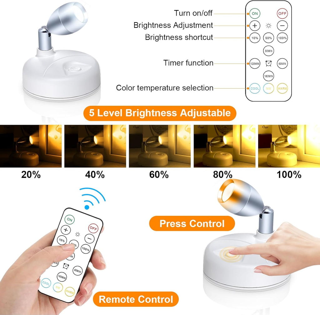 Small Battery Operated Spotlights Indoor with Remote Flicker-Free 60 Lumens Dimmable Warm/Neutral/Cool White 3 Mode Wireless Mini Up Lights for Accent Wall, Art Display, Picture, 6 Pack