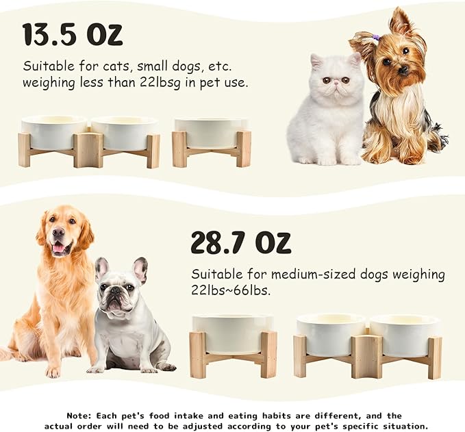 SPUNKYJUNKY 15° Slanted Ceramic Dog and Cat Bowl with Wooden Stand, Tilted Bulldog Food and Water Bowl No Slip Non-Spill for Cats Medium Dogs Big Face Pets 13.5 OZ (1.7 Cups, Beige × 2)