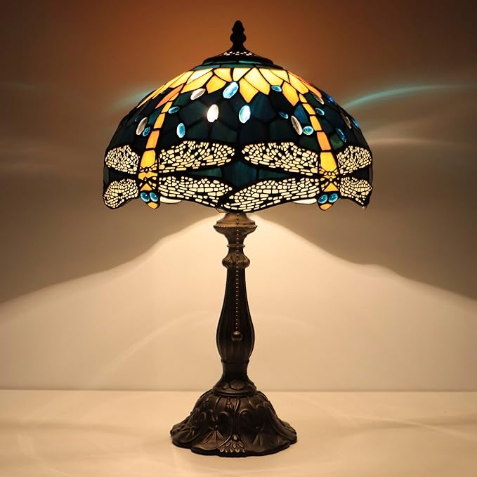 Tiffany Lamps Yellow Dragonfly Style Stained Glass Table Lamp Desk Bedside Reading Light 12X12X18.5 Inches with Bronze Resin Base Applicable to Bedroom Living Room Office