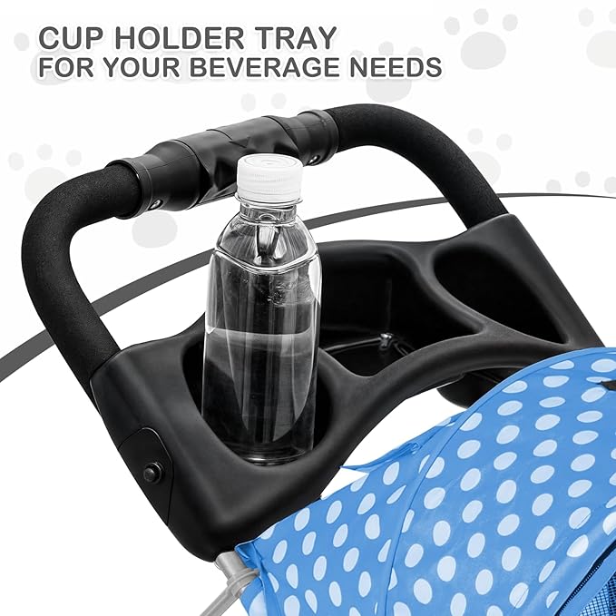 MoNiBloom 3 Wheels Pet Dog Cat Stroller for Small Medium Dogs Cats, Foldable Jogger Stroller w/Storage Basket and Cup Holder, Sky Blue Polka Dots