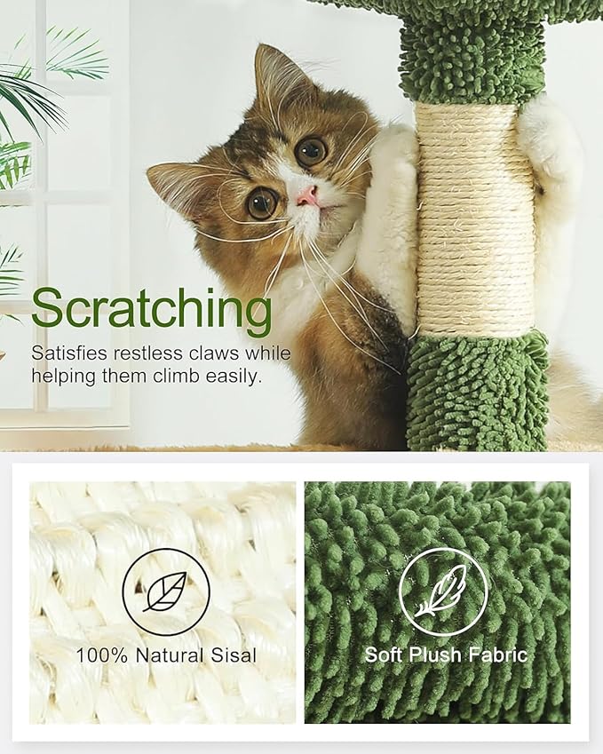 HOOPET 32IN Cactus Cat Tree for Indoor Cats - Multi-Level Cat Tower with Hammock, Condo, Scratching Posts, Self-Grooming Brush & Play Ball - Space-Saving Cat Furniture for Small Apartments