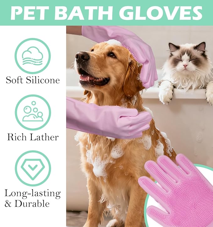 Dog Bath Supplies, 6PCS Bath Grooming Kit with Storage Bag - Self Cleaning Slicker Brush, Shampoo Brush & Scrubber, Dog Grooming Gloves for Short & Long Haired Dogs & Cats (Pink)