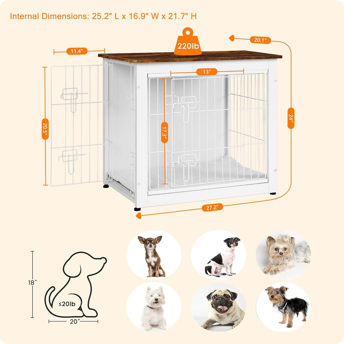 DWANTON Dog Crate Furniture with Cushion, Wooden Kennel Table with Double Doors, Indoor Dog House, Small/Medium/Large Size, 27.2" L, White+Rustic Brown