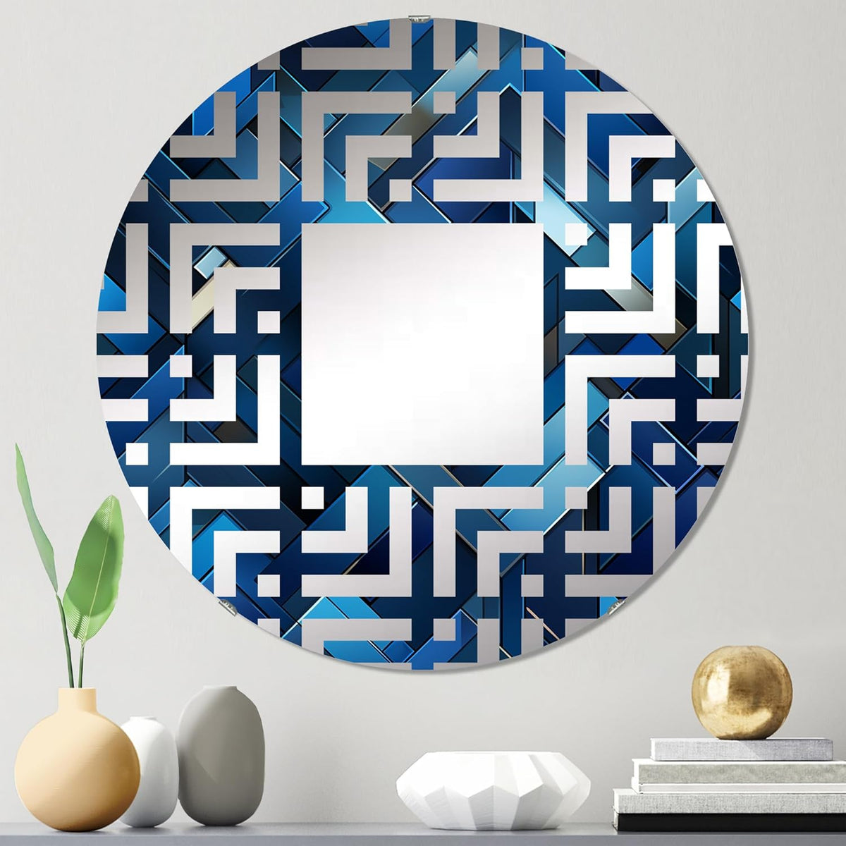Symmetric Cubes in Deep Cobalt Blue - Geometric Maze - 24 Inches - Round Decorative Wall Mirror for Bathroom, Bedroom, Entryway, Living Room, Vanity Room and Modern Décor