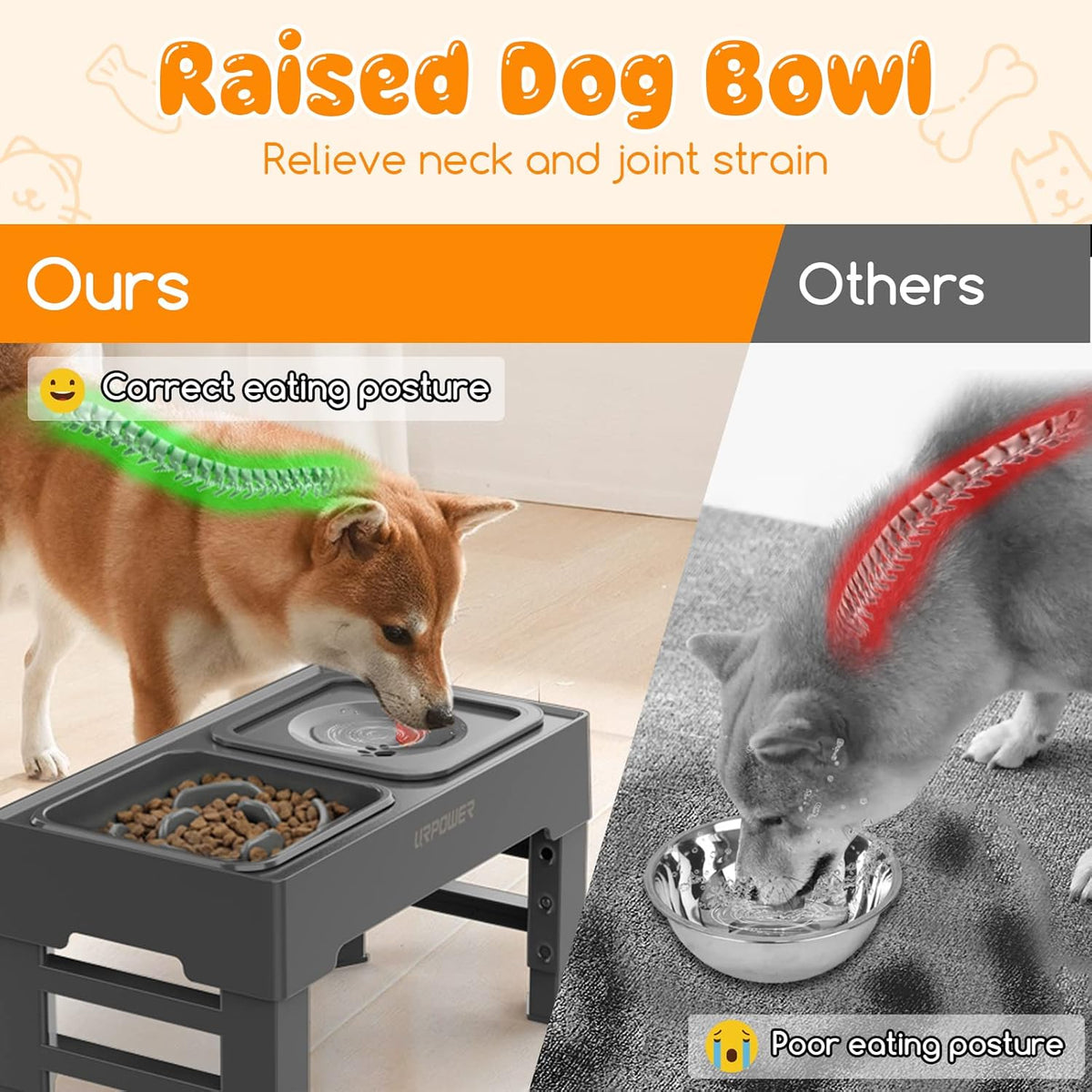 URPOWER 2-in-1 Elevated Slow Feeder with No Spill Dog Water Bowl 4 Height Adjustable Raised Bowl Stand for Small to Large Dogs, Cats & Pets