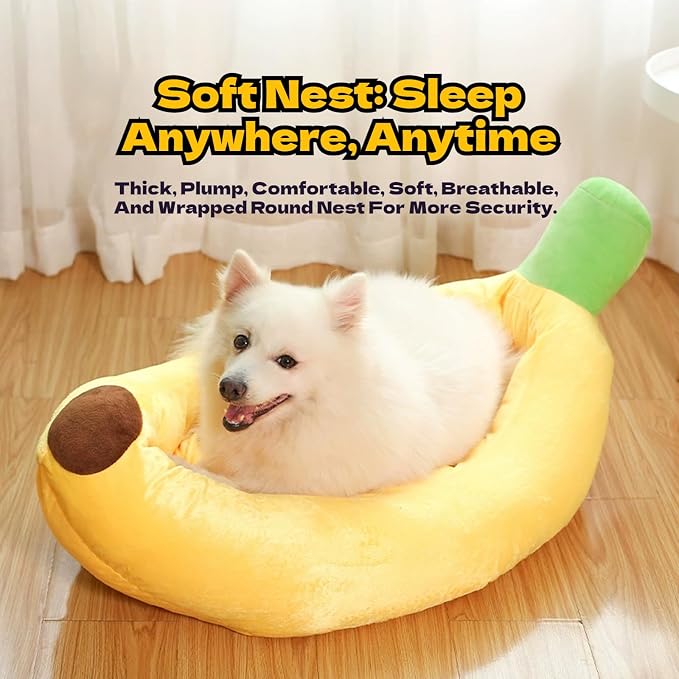 Banana Pet Bed for Small Dogs and Cats, Cozy Enclosed Calming Cave Bed with Removable Plush Cushion for Indoor Kittens Puppies Small Pets (Banana Bed + Blanket + Bone Toy, X-Large)