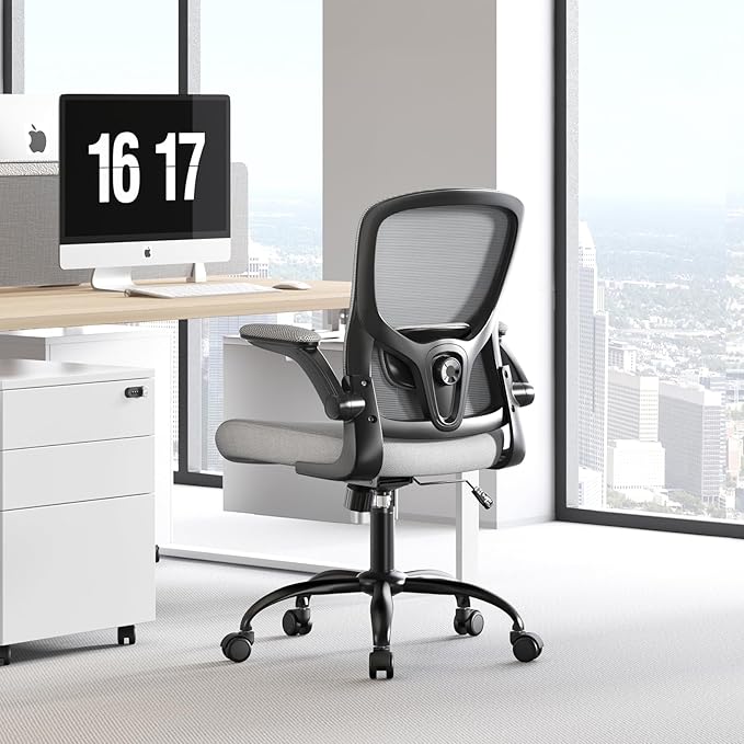 Ergonomic Office Chair-High Back Desk Chair, Adjustable Lumbar Support, Flip-Up Arms, 90-120° Tilt Lock, Breathable Mesh Back Rolling Work Chair for Man Woman(Grey)