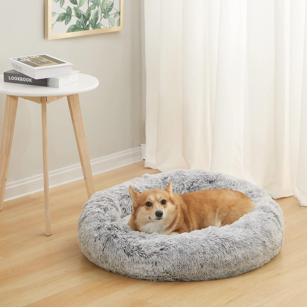 Bedfolks Calming Donut Dog Bed, 30 Inches Round Fluffy Dog Beds for Medium Dogs, Anti-Anxiety Plush Dog Bed, Machine Washable Pet Bed (Dark Grey, Medium)