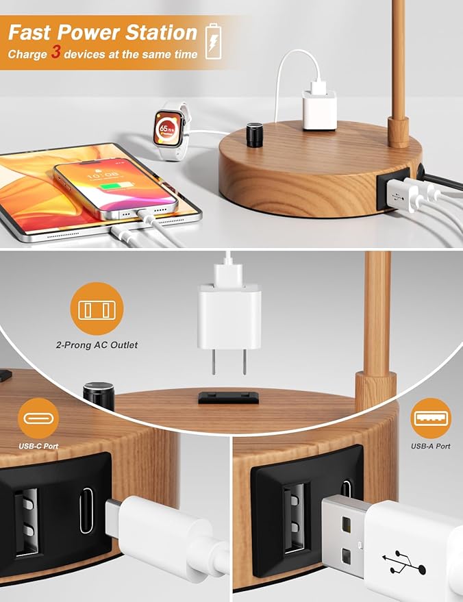 Innqoo Wood Tall Table Lamp with USB Port and Outlet, Dimmable Nightstand Bedside Lamps with Linen Lampshade, Desk Lamp for Bedroom, Living Room, Guest Room, Home Office, LED Bulb Included