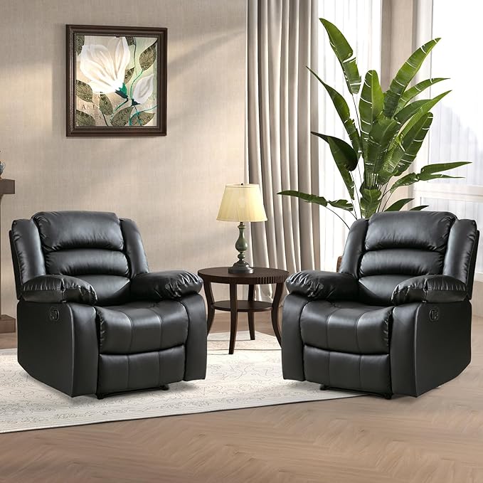 ANJ Black Recliner Chair Set of 2, with Overstuffed Arm and Back, Breathable Faux Leather Manual Reclining Chairs, Living Room Single Sofa Recliners