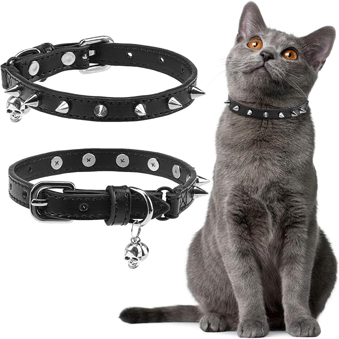EXPAWLORER Leather Cat Collar for Girl Boy- Adjustable Pet Collar with Safety Elastic Belt,Personalized Punk Accessories Buckle Collars with Bell & Durable D-Ring,Pure Rivets(Black)
