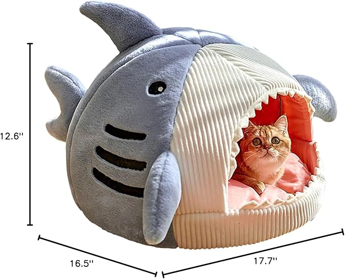 QWINEE Cat Mat Shark-Shaped Kennel Kitten Bed Hideout House Warm Soft Comfortable Semi-Closed Cat Dog Nest Blue M