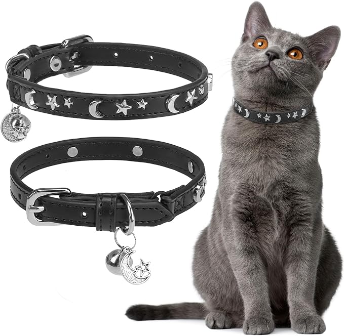 EXPAWLORER Halloween Leather Cat Collar - Adjustable Pet Collar with Rivet Spike for Girl Boy Cats, Punk Accessories with Bell & Durable D-Ring, Star & Moon