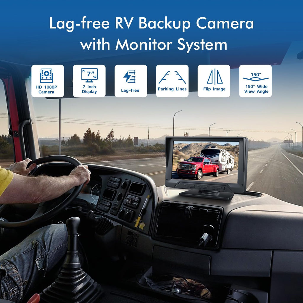 RV Backup Camera Plug and Play, 7'' Backup Camera for Truck Trailer, No Delay, 1080P HD, 2 Channels, 150° Wide Angle, DIY Guide Lines, Night Vision, IP69 Rear View Camera