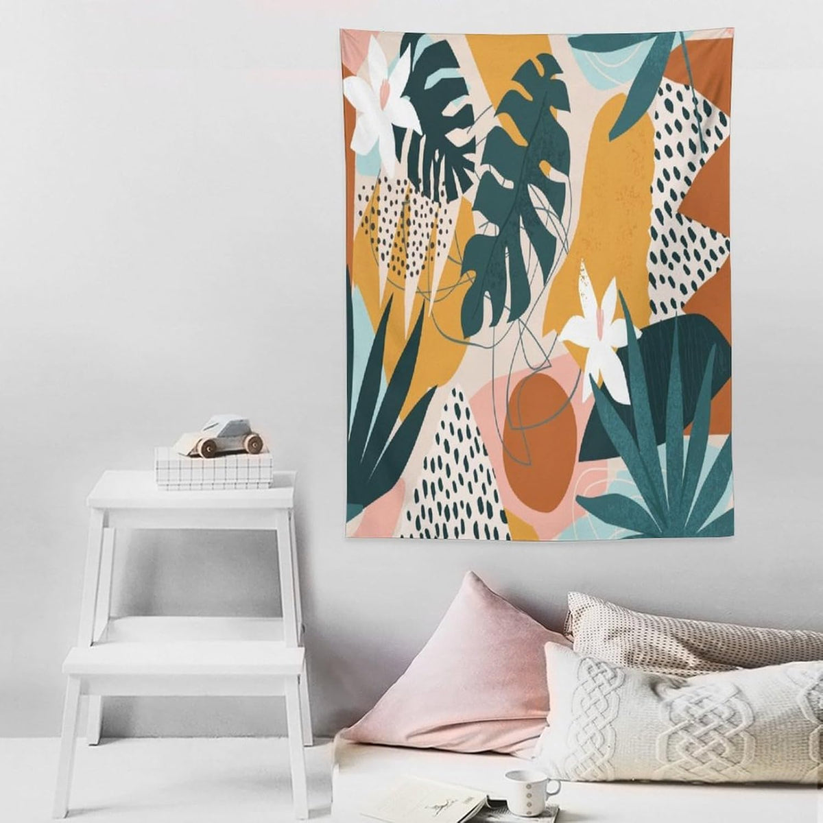 Abstract Bohemian Mid Century Tapestry, Tropical Leaves Modern Geometric Archway Minimalist Bohemian Botanical Aesthetic Wall Hanging, Sage Green Gold Home Decor Art for Bedroom 60x80 Inch