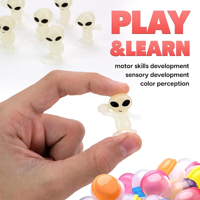 Alien Toys in Capsules - 50 Pcs of 1.1 Inch Plastic Capsules & 1 Inch Glow in the Dark Alien Figurines for Kids - Party Favors - Classroom Prizes - Toys Bulk for Vending Machine Refill