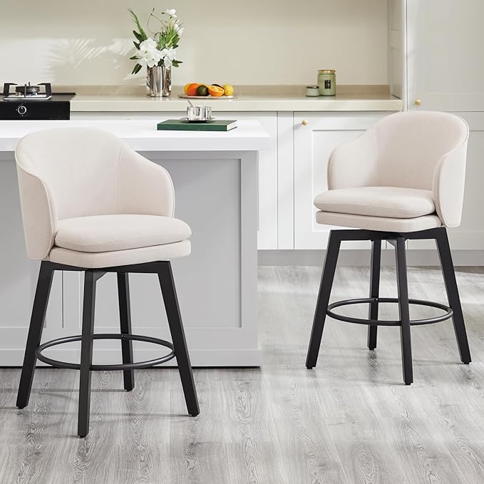 Counter Height Barstools 26 inch Upholstered Swivel Bar Stools with Back and Wood Legs for Kitchen Island,Set of 2,Beige Fabric