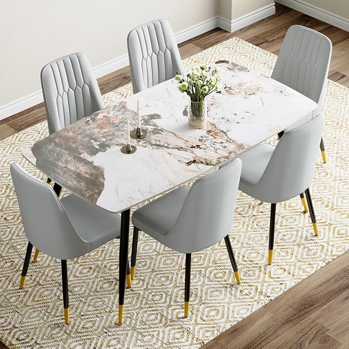 6 Person Dining Table Set, Sintered Stone Dining Table Set for 6, Kitchen Table Chairs Set of 6, Easy to Assemble