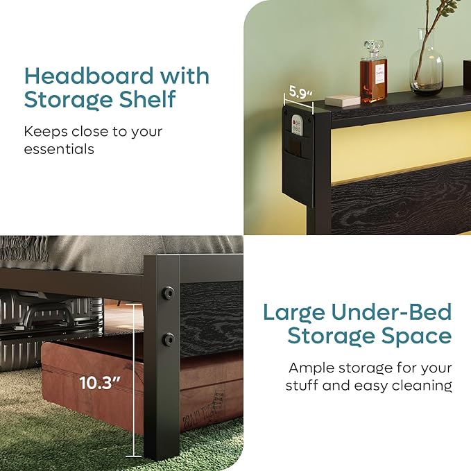 Bestier Queen Bed Frame with Headboard Storage and Charging Station, Black Platform Bed Frame with LED Light, Non-Slip Metal Bed Frame Queen Size, Noise-Free, Easy Assembly, Black
