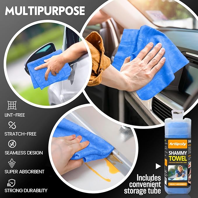 Premium Shammy Towel for Car Drying 2pk (26”x17”)-Super Absorbent Chamois Towel-Reusable shamies Towels for Cars, Bathroom,Pets, Dust Remove, No Spots/Streak/Scratch, Large, Blue