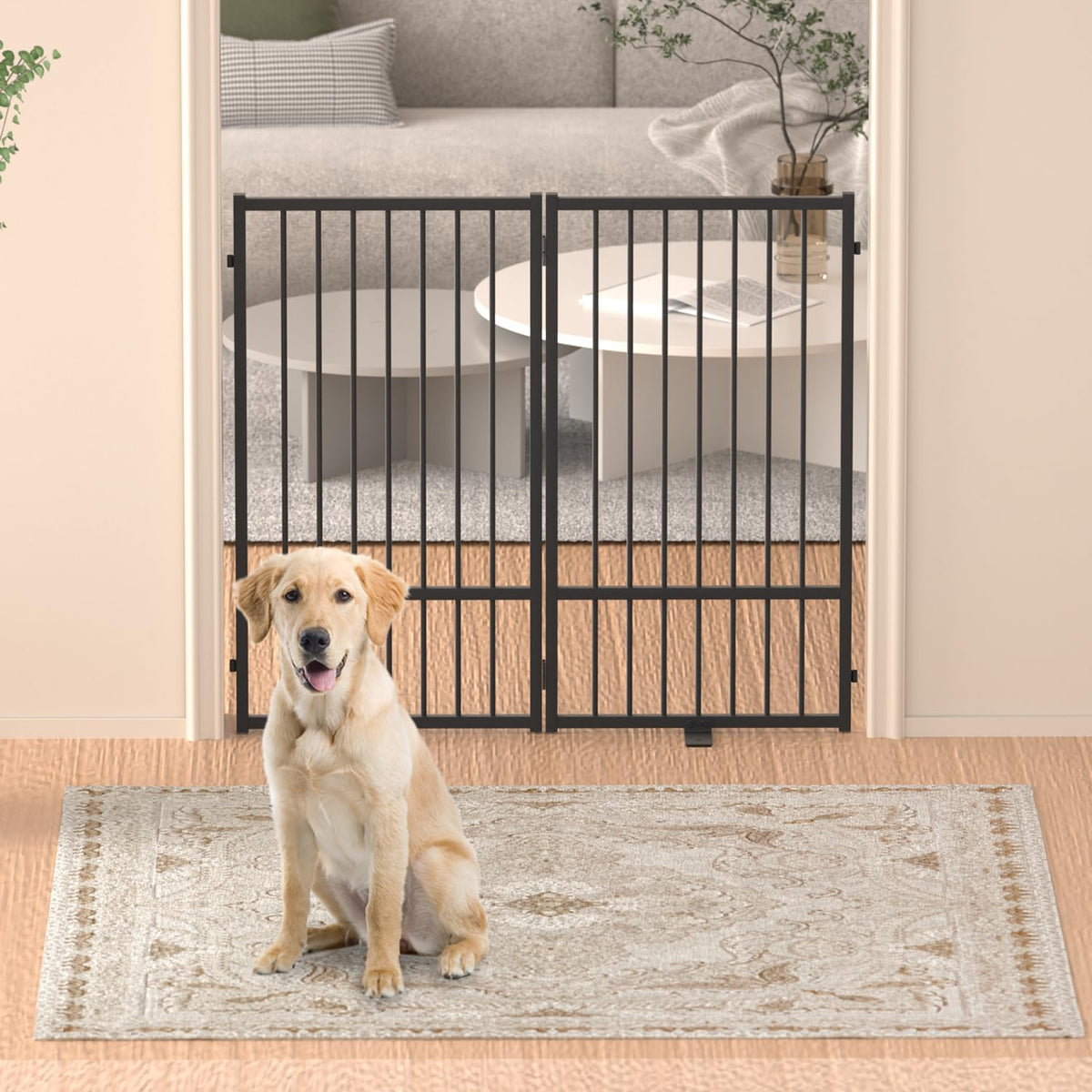 Full Metal Freestanding Dog Gate with Door, 36''Height Foldable Pet Dog Fence for Indoor & Outdoor, 2 Panels Extra Wide Free Standing TallDog Gates for Doorways,House,Stairs,Porch,Deck,Yard