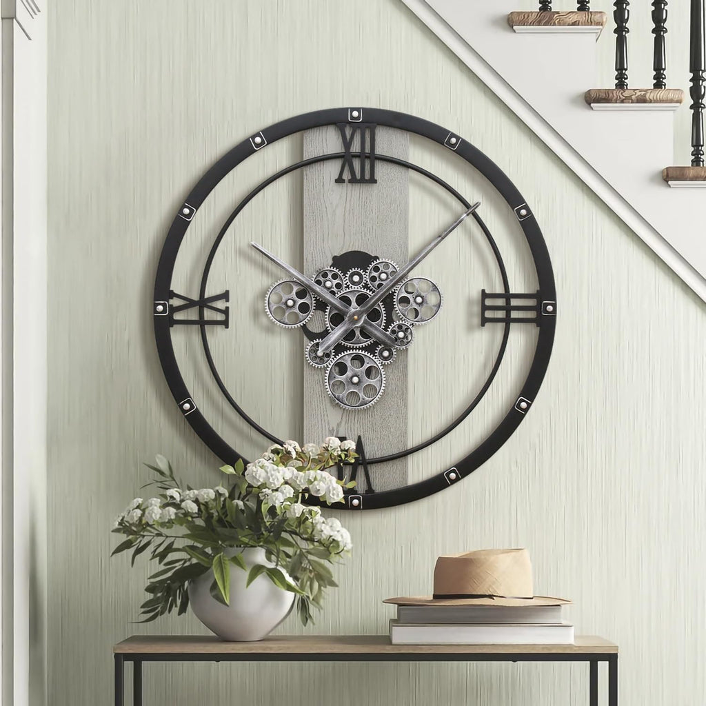 Micasso 24 inch Large Real Moving Gears Wall Clock: Black Industrial Steampunk Roman Numeral Clock - Modern Wall Decor for Living Room/Entryway/Office