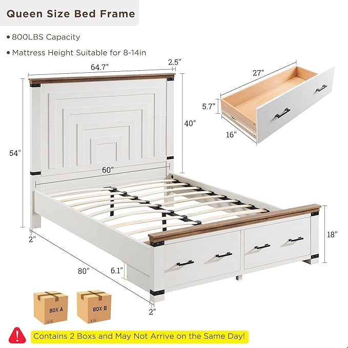 RedLemon Farmhouse Queen Size Bed Frame w/ 54" Tall Geometric Headboard, Rustic Wood Platform Bed w/ 2 Large Storage Drawers, Wood Slats Support, Noise Free, No Box Spring Needed, Antique White