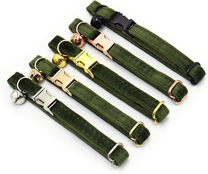 Personalized Cat Collar with Bells,Velvet Customized Small Cat Collar with Name Tag,Pet Collar with Name Phone Number Engraved ID Tags for Boy and Girl Kitten Cats (Deep Green)