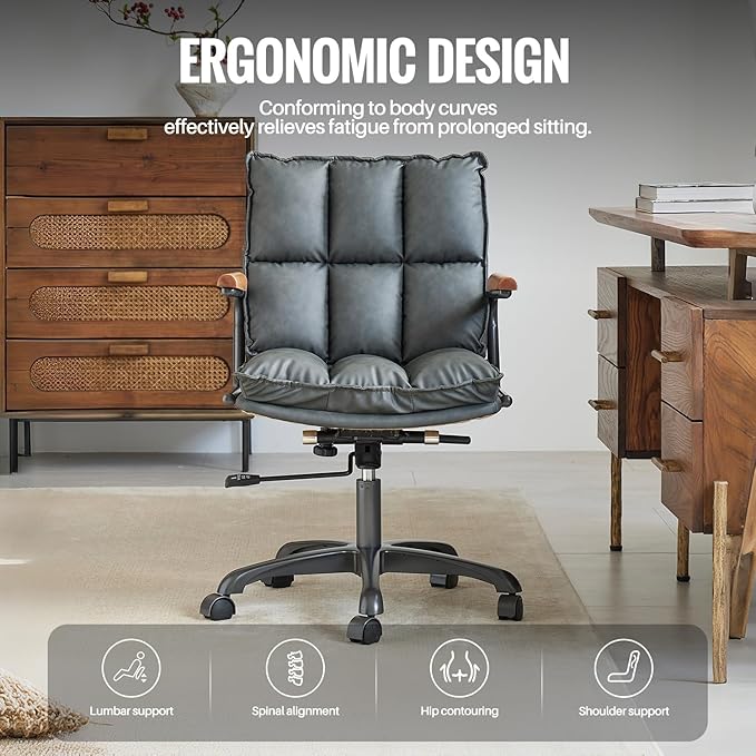 Home Office Desk Chair, Ergonomic Computer Chair with Wheels and Oak Arms, Adjustable Height Rolling Swivel Executive Task Armrests Chair, Charcoal Gray