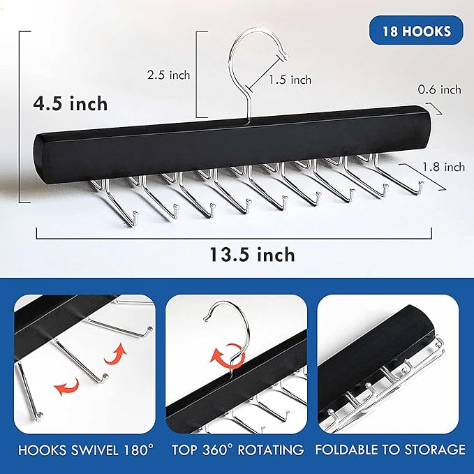 Tie Rack Hanger for Closet, Sleek Tie Hangers for Men with 18 Upgraded Folding Hooks, Space-Saving Tie Holder Neck Tie Organizer for Men Ties, Belts, Bras, Scarves, Tank Tops (Black)