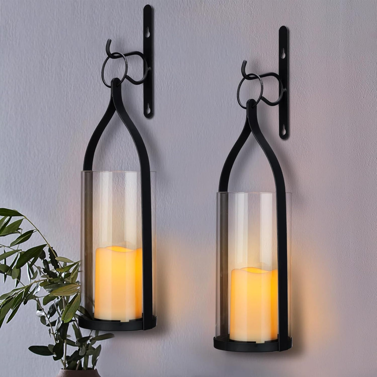 Metal Wall Sconce Candle Lantern Set of 2 - Black Wall Mounted Hanging Holder with Glass & Candles Vintage Wall Decor for Porch, Living Room, Dining Room, Bedroom Indoor Decor
