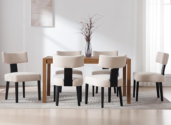 Upholstered Dining Chairs Set of 6 Modern Wooden Kitchen Chairs Fabric Side Dining Room Chair Farmhouse Dinner Chair, Beige