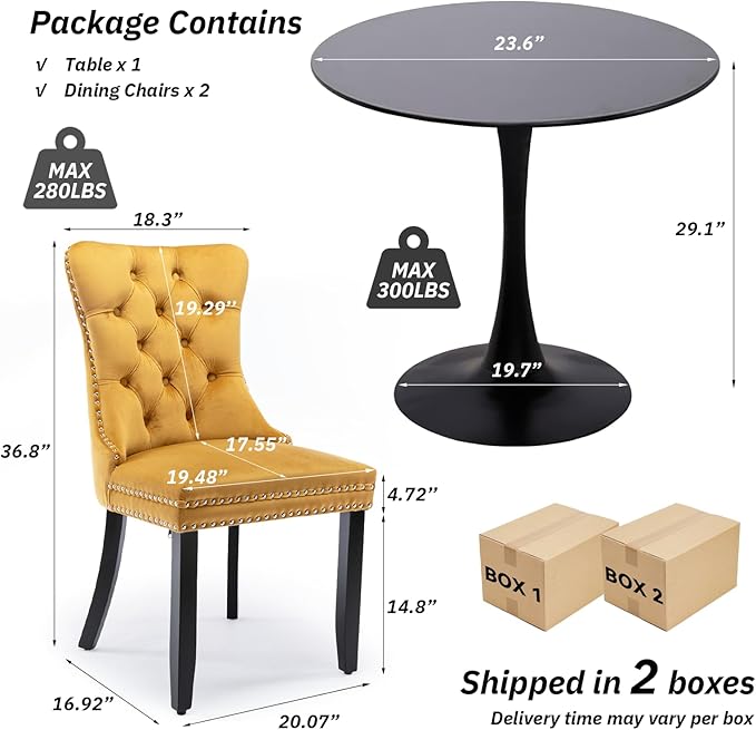 SoarFlash Kitchen Table and Chairs for 2, 24" Dining Table Set for 2 with Velvet Upholstered Chairs, 3 Piece Round Kitchen Table Set, Dining Room Table Set for Small Space, Apartment