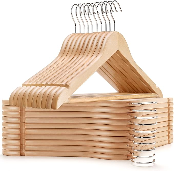 Amber Home 20 Pack Wooden Coat Hangers, Natural Wood Suit Hangers with Non Slip Pant Bar, Clothes Hangers for Shirts, Jackets, Dress, Pant (Natural, 20)