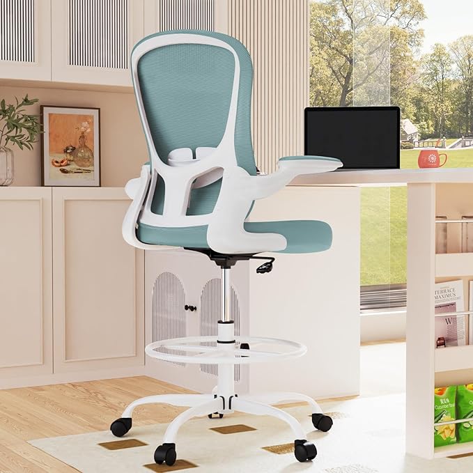 Drafting Chair, Tall Office Chair with Flip-up Armrests Executive Ergonomic Computer Standing Desk Chair, Office Drafting Chair with Lumbar Support and Adjustable Footrest Ring